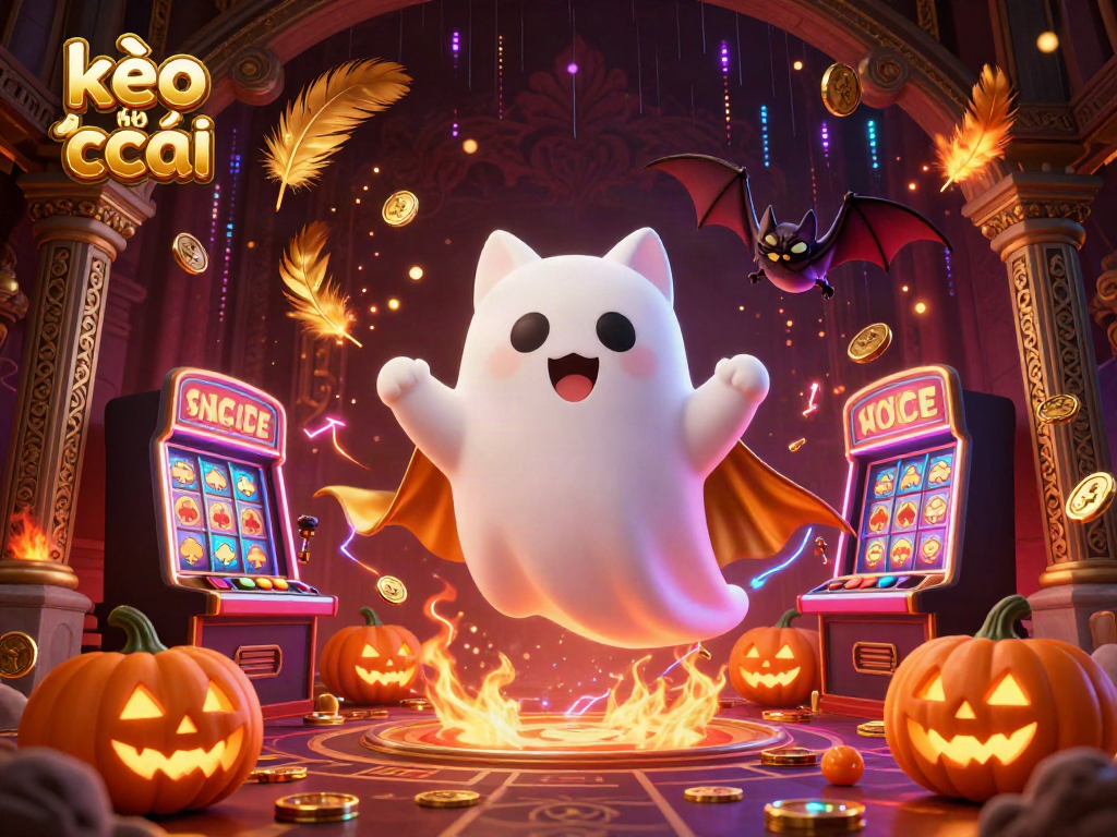 Engage with kèo nhà cái in a vibrant haunted casino scene featuring a ghost cat and glowing jack-o-lanterns.