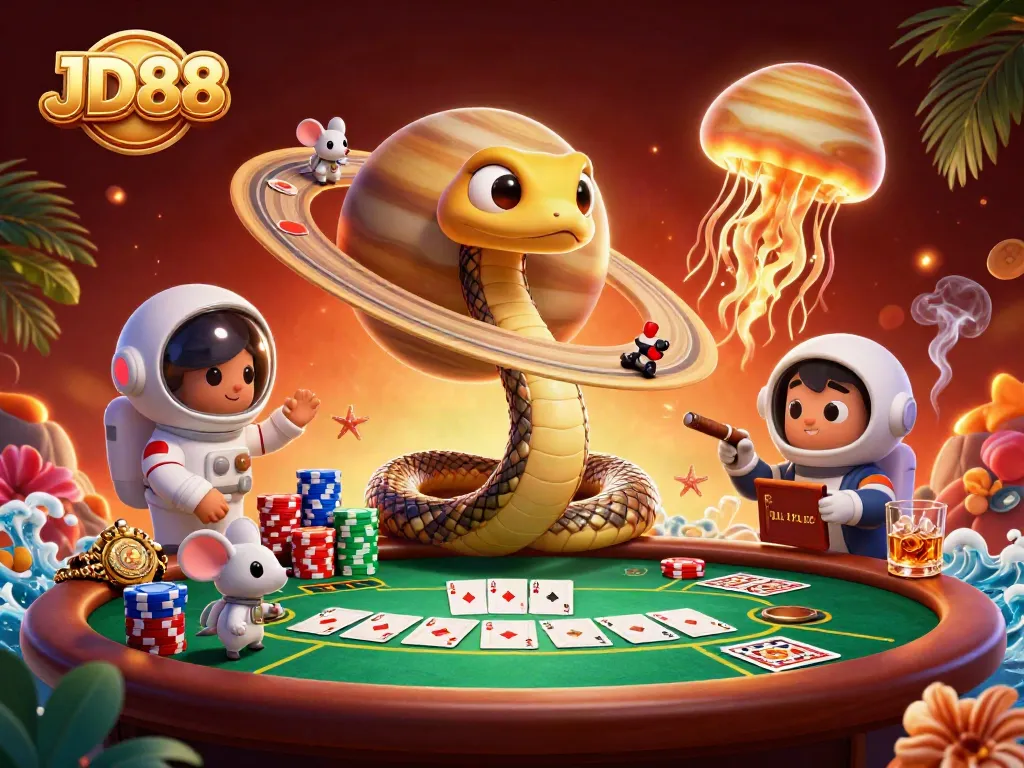 Engage in thrilling gameplay at JD88 with an exciting cosmic casino scene and unique characters.