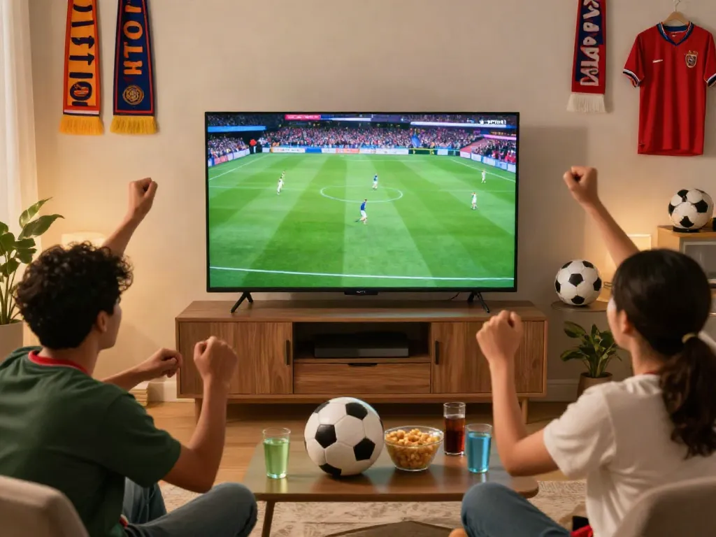 Football fans enjoying a match at home using Thapcamtv, showcasing community excitement.