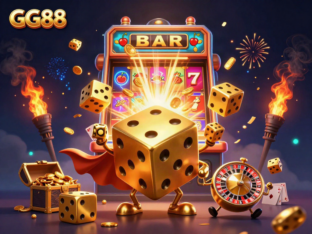 Experience the vibrant excitement of GG88's 3D gaming universe with golden dice and slot machines.