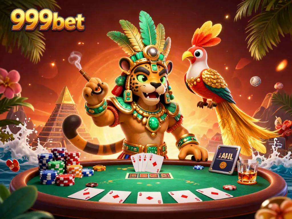 Engage with thrilling poker action in 999bet's vibrant casino atmosphere, showcasing iconic symbols and rich detail.