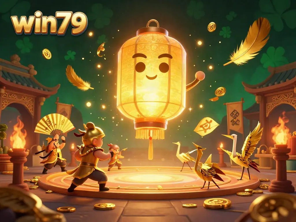 Experience win79's engaging cartoon spirit characters amidst golden tokens and fiery ambiance.