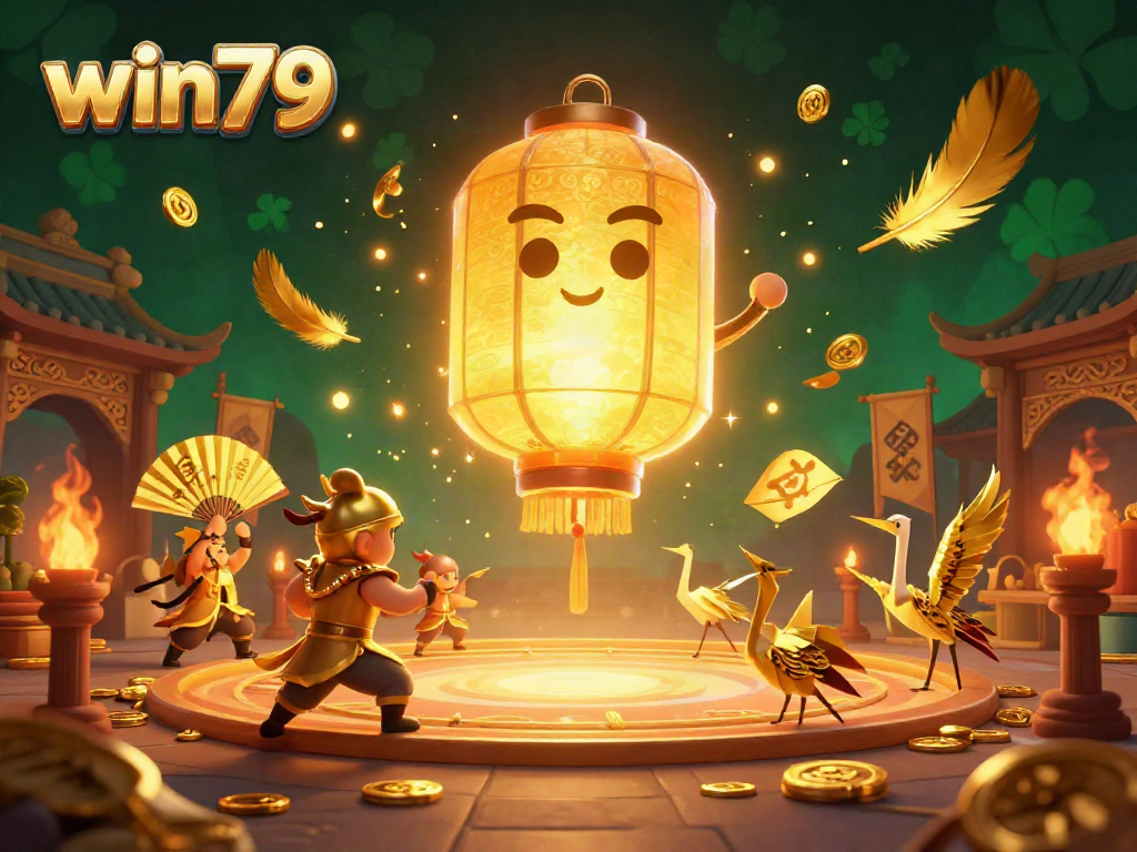 Experience win79's engaging cartoon spirit characters amidst golden tokens and fiery ambiance.