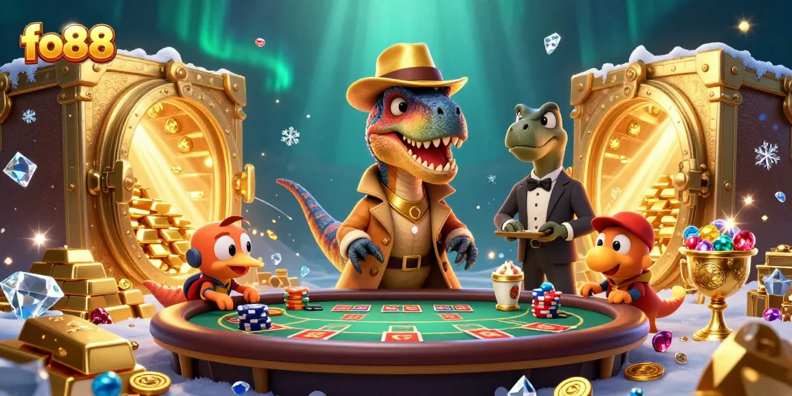 fo88 velociraptor card counter at blackjack table amidst gold treasures and exciting game elements