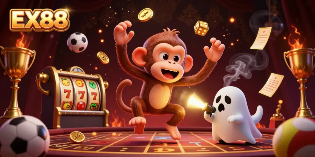 Experience thrill with EX88 in this dynamic haunted casino scene filled with golden gambling elements.