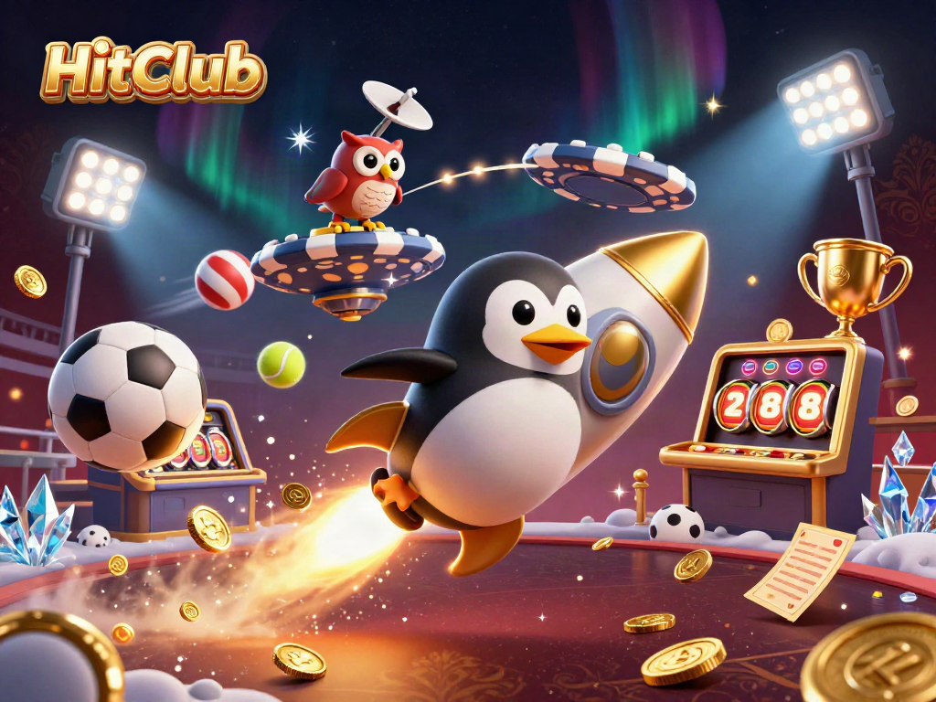 HitClub showcases a golden penguin and poker chip space station surrounded by vibrant casino elements.