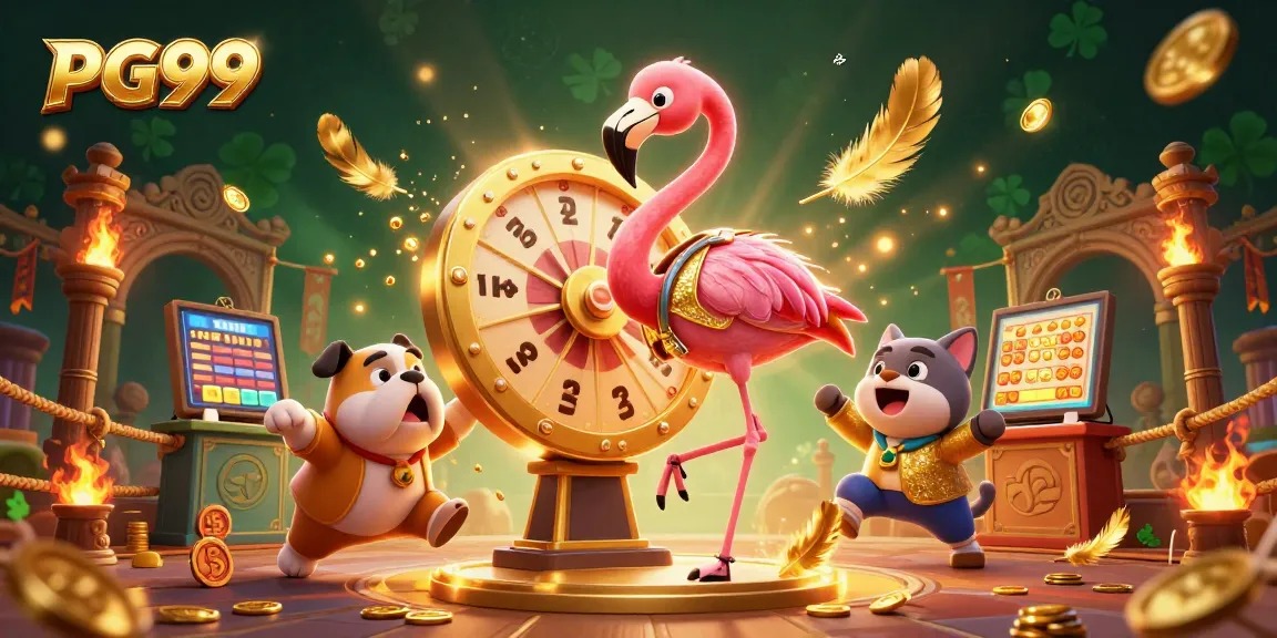 Experience thrilling wins at PG99 with a dynamic game show featuring a flamingo host, bulldog contestant, and scoreboard cat.
