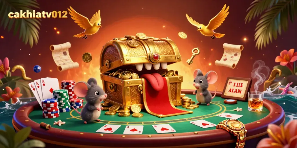Cakhiatv012 promotes thrilling casino gameplay with a vibrant treasure chest scene attracting adventurer mice.