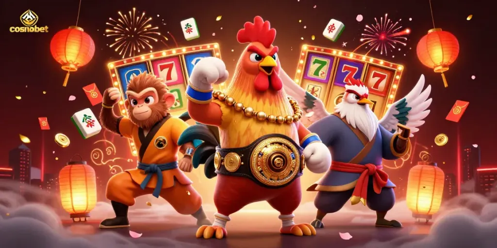 Spin the reels at Cosmobet with thrilling characters in a vibrant gambling scene.