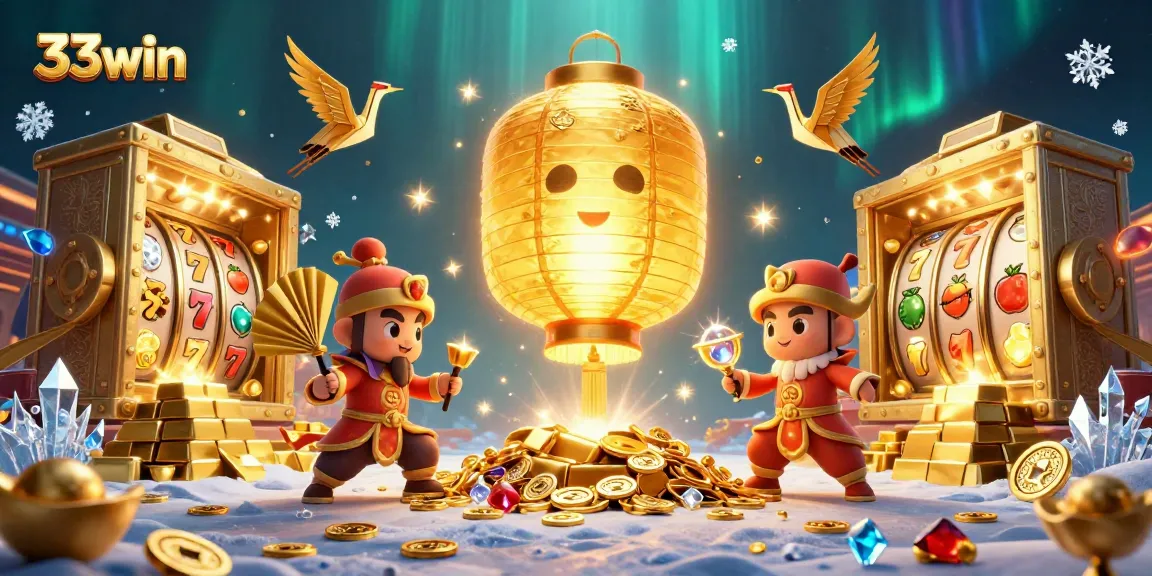 Experience the vibrant world of 33win with a captivating casino scene featuring golden lanterns and sparkling treasures.
