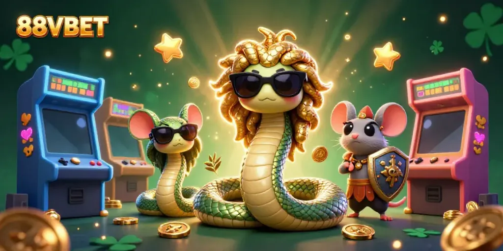 Play exciting games at 88VBET with a vibrant casino scene filled with colorful elements and characters.
