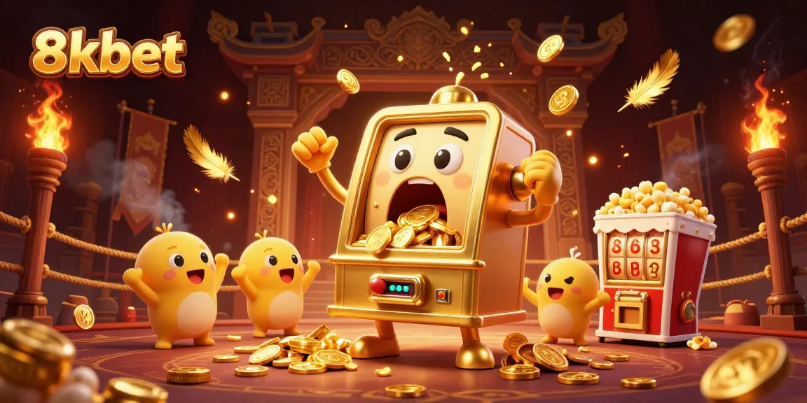 8xbet slot machine hits jackpot with cheering baby slots and popcorn machine in a vibrant casino scene.