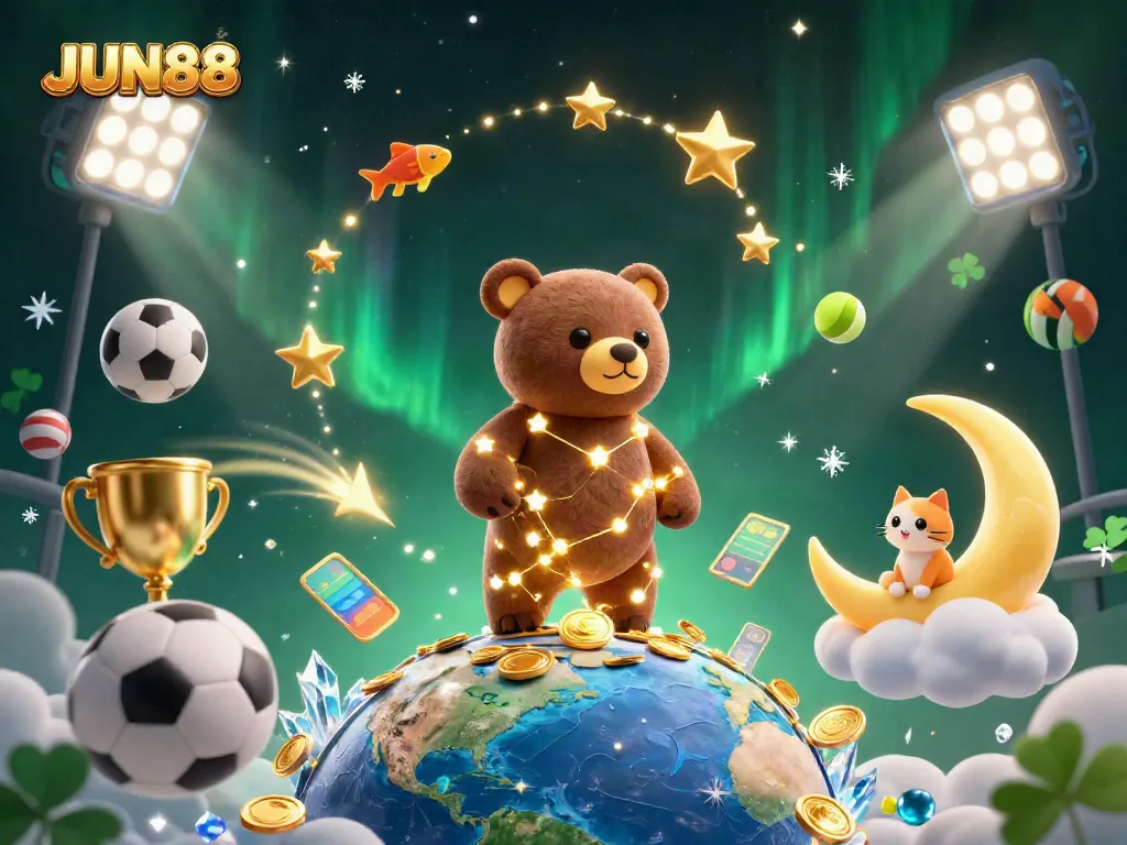 Join the excitement at JUN88, where a constellation bear scoops up coins amidst dynamic sports betting action.