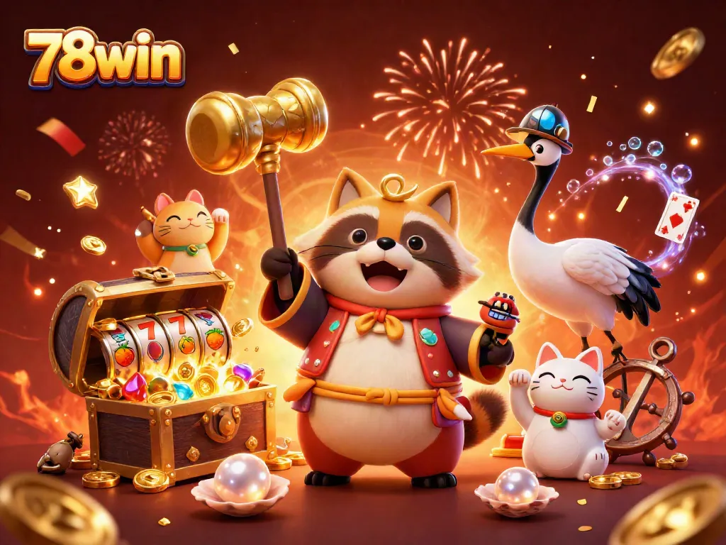 Play exciting games at 78win with a vibrant casino scene featuring cheerful characters and stunning visuals.
