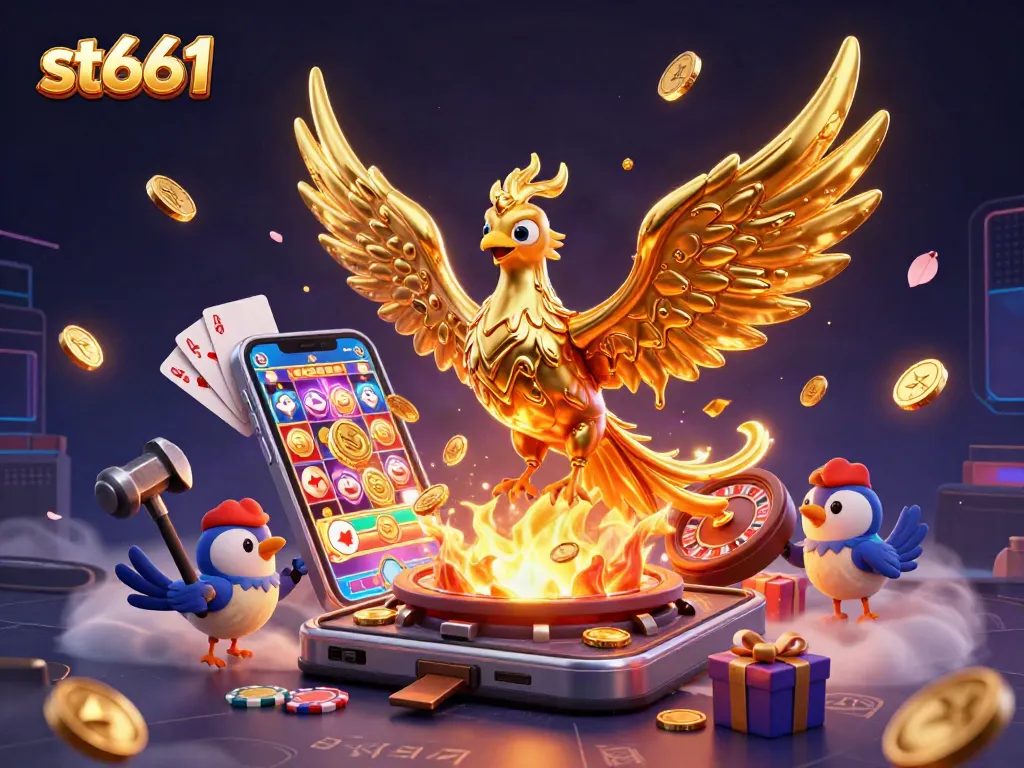 Experience thrilling gameplay with st666 as golden phoenix coins erupt in a vibrant casino scene.