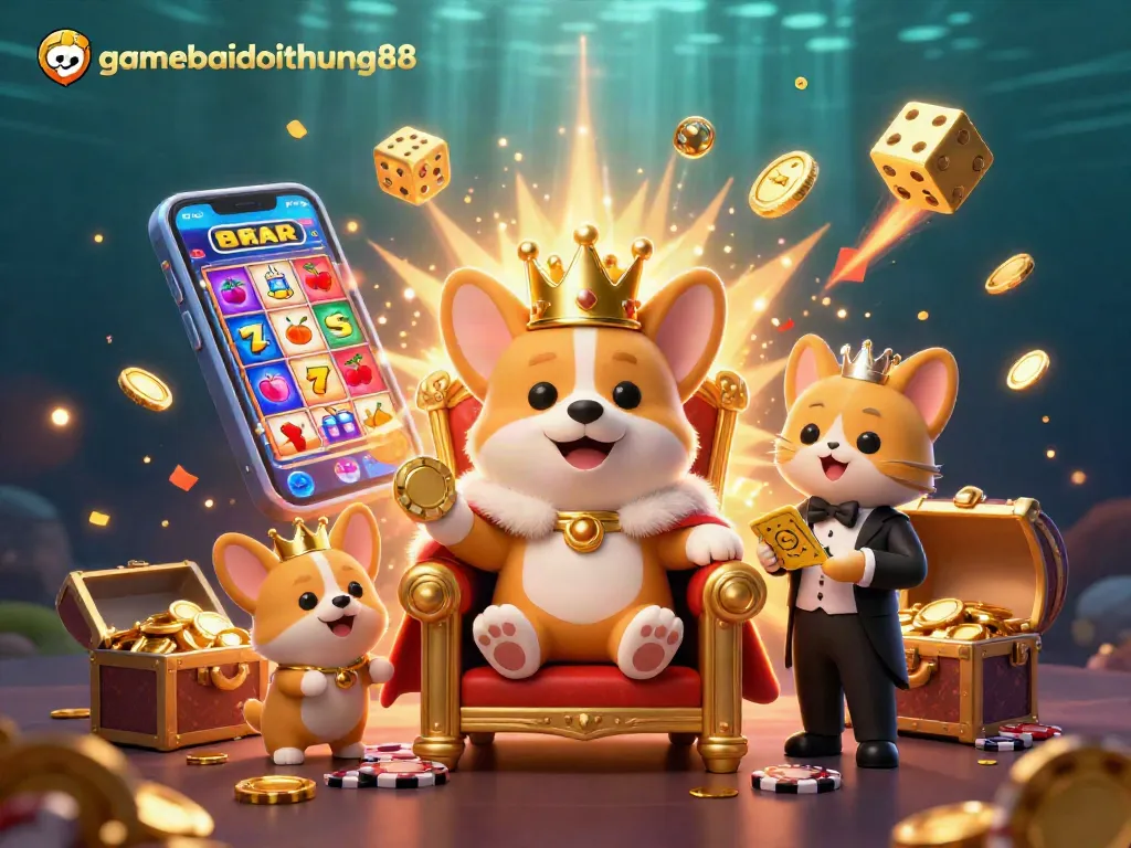 Engage with gamebaidoithuong88's vibrant casino world featuring a royal corgi on a chip throne.