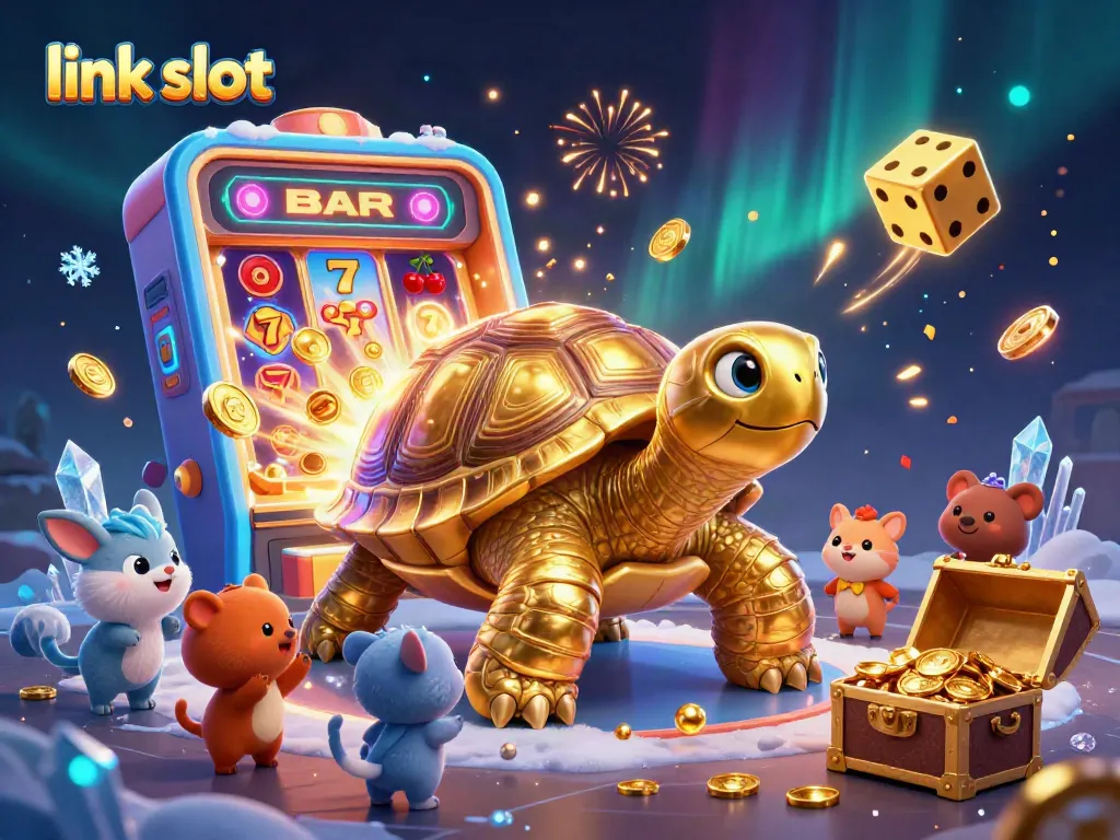 Experience thrilling link slot excitement with giant tortoise pinball and dynamic slot jackpots exploding in a colorful casino scene.
