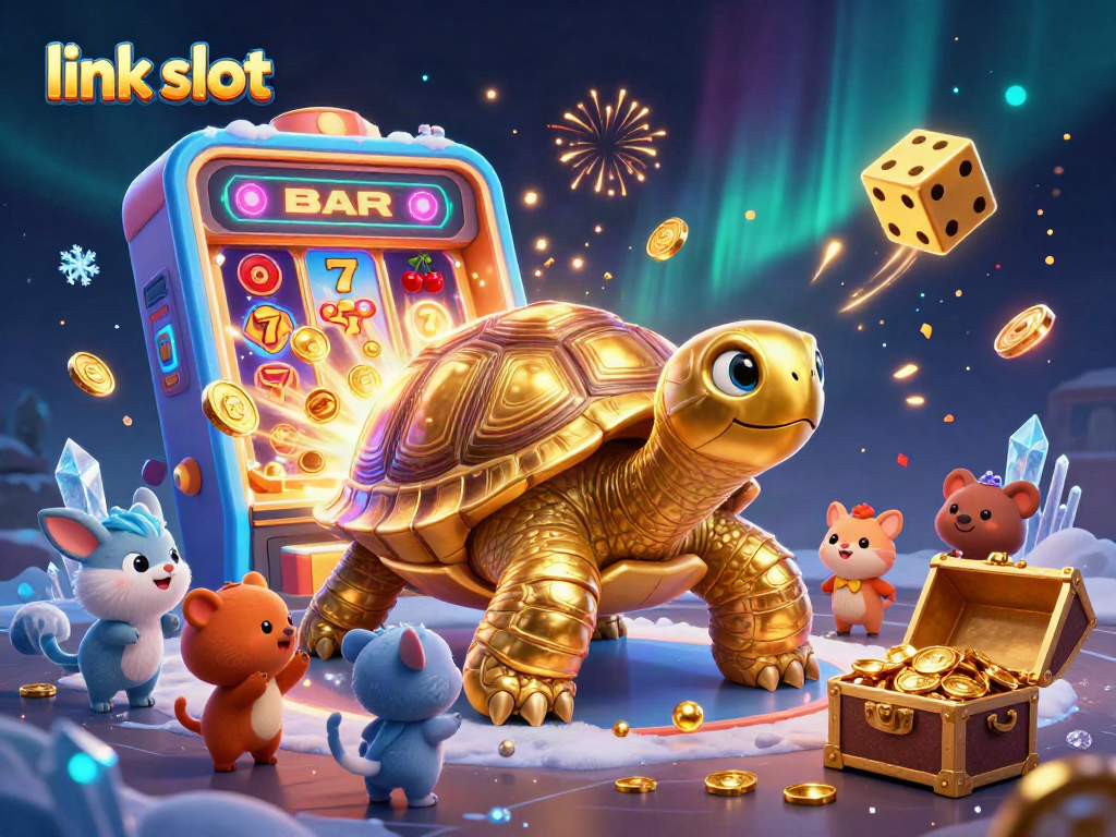 Experience thrilling link slot excitement with giant tortoise pinball and dynamic slot jackpots exploding in a colorful casino scene.