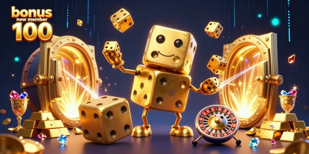 Experience excitement with bonus new member 100 featuring a golden dice golem and casino elements in an energetic 3D illustration.