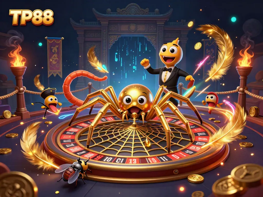 Experience thrilling gambling at TP88 with a playful 3D illustration of a spider, a fly, and a centipede in a creative casino scene.