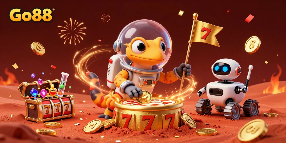 Experience the thrill of Go88 with a cartoon Martian gecko discovering a buried casino in vibrant detail.