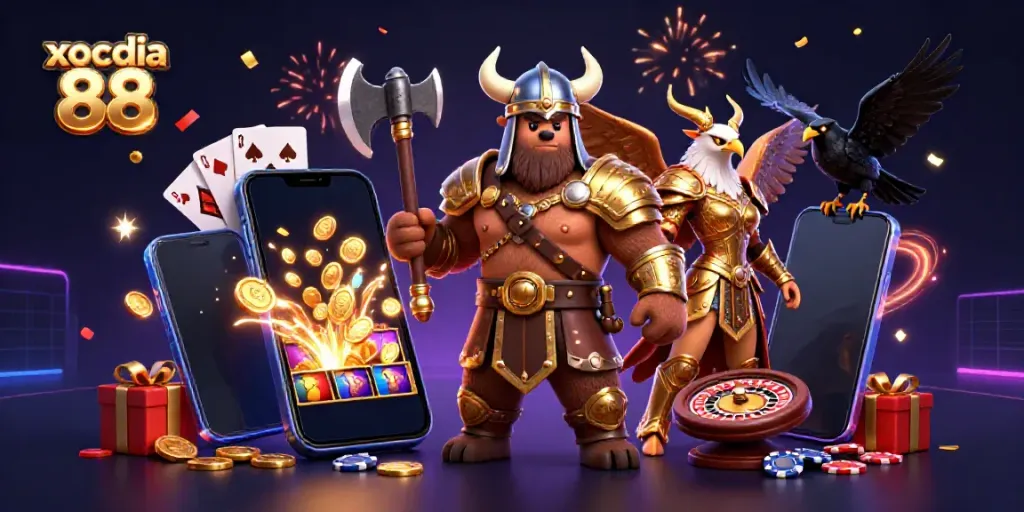 Experience the thrill of xocdia 88 with a dynamic 3D illustration of a Viking bear, Valkyrie eagle, and highlighted gaming elements.