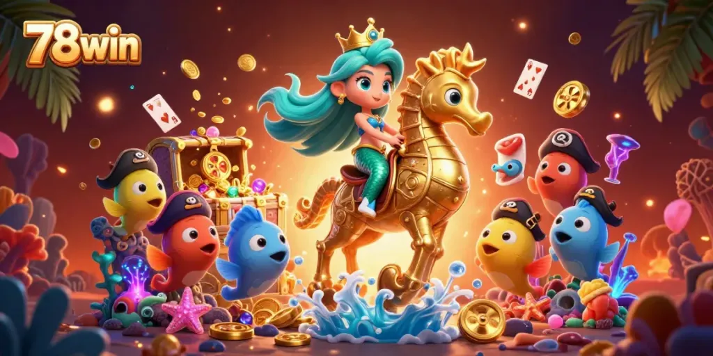 Experience the vibrant world of 78win, featuring a mermaid and casino games under the sea.