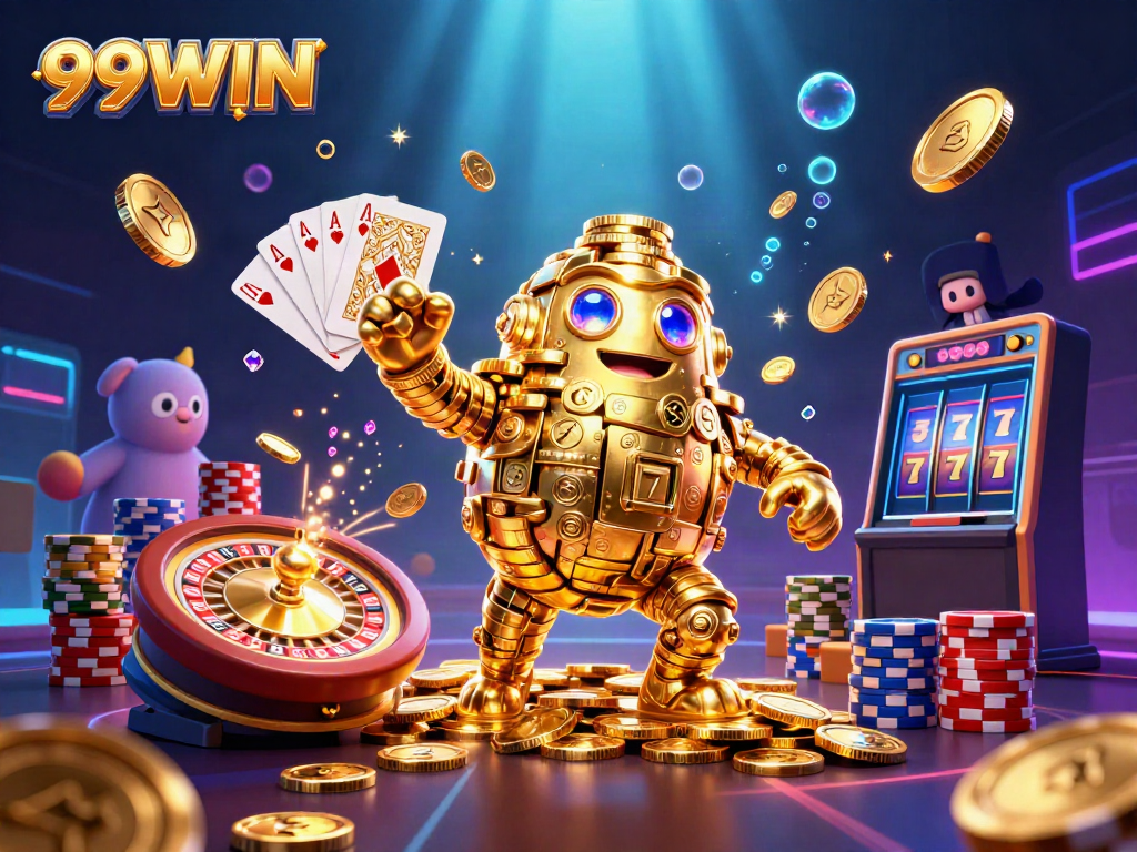 Experience jackpot thrills with 99WIN's golden golem and vibrant casino themed gem jewels.