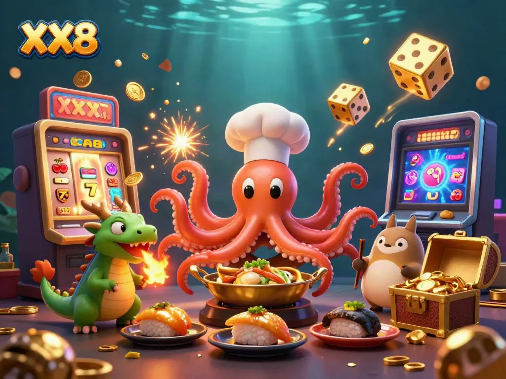 Experience the excitement of XX8 with a vibrant 3D casino illustration featuring dynamic games and characters.