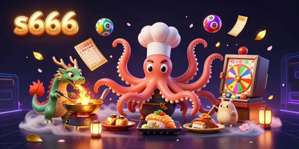 Join the excitement of s666 with a vibrant scene of a sushi chef octopus, dragon, and tanuki amidst colorful lottery elements.