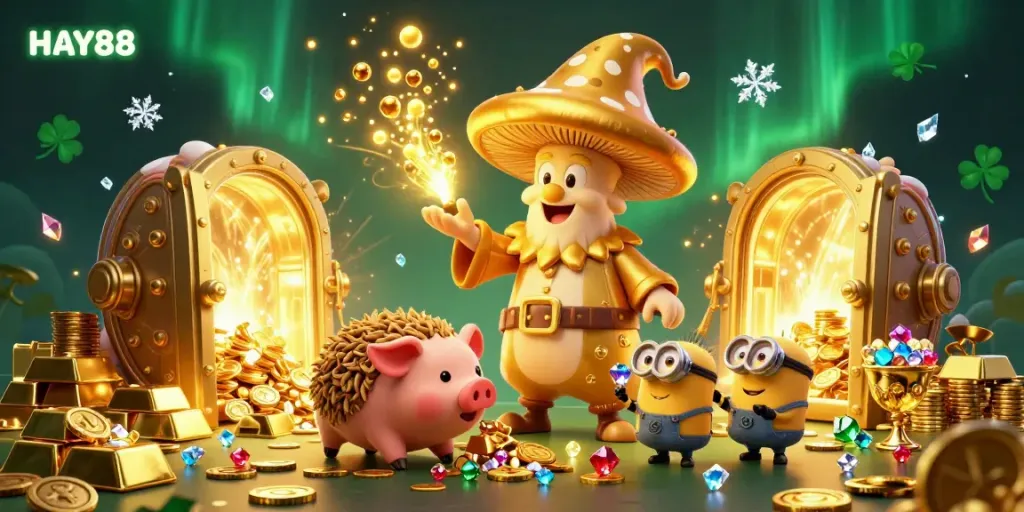 Experience thrilling gameplay with HAY88 through an enchanting casino adventure with golden treasures and magical characters.