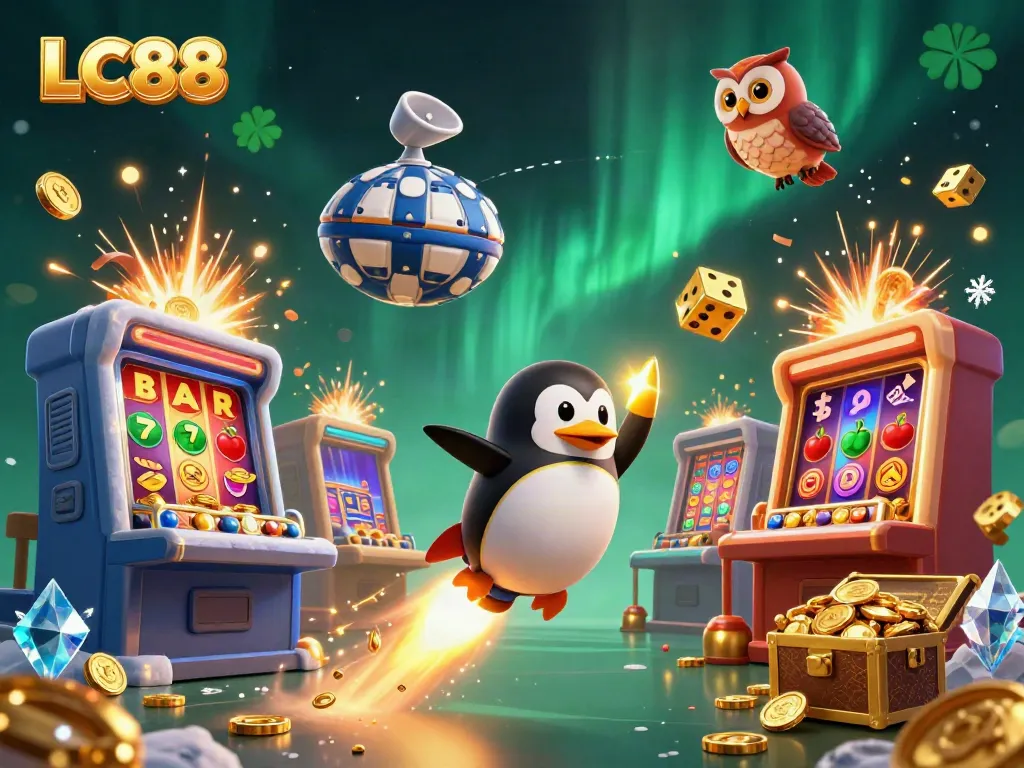 Play exciting casino games with LC88, featuring a golden penguin and jackpot elements.