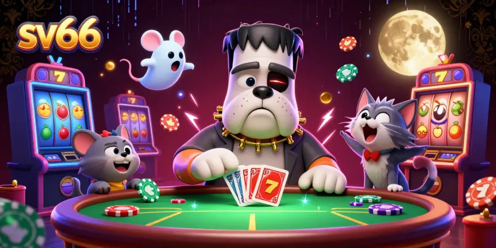 Playfully engaging with sv66 cards at a spooky casino table, featuring a unique mix of characters.