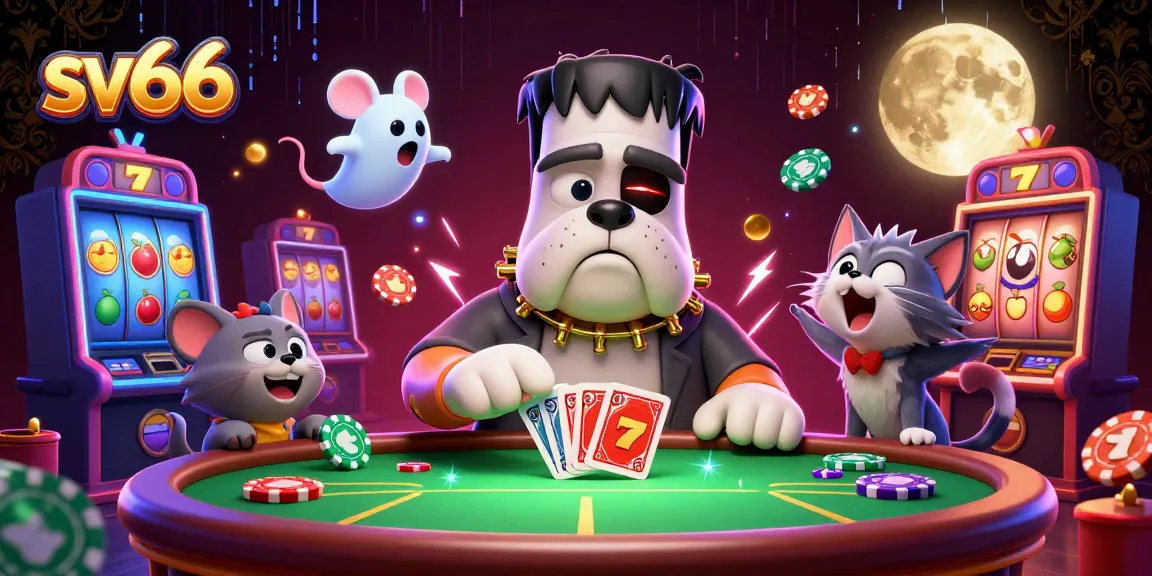 Playfully engaging with sv66 cards at a spooky casino table, featuring a unique mix of characters.