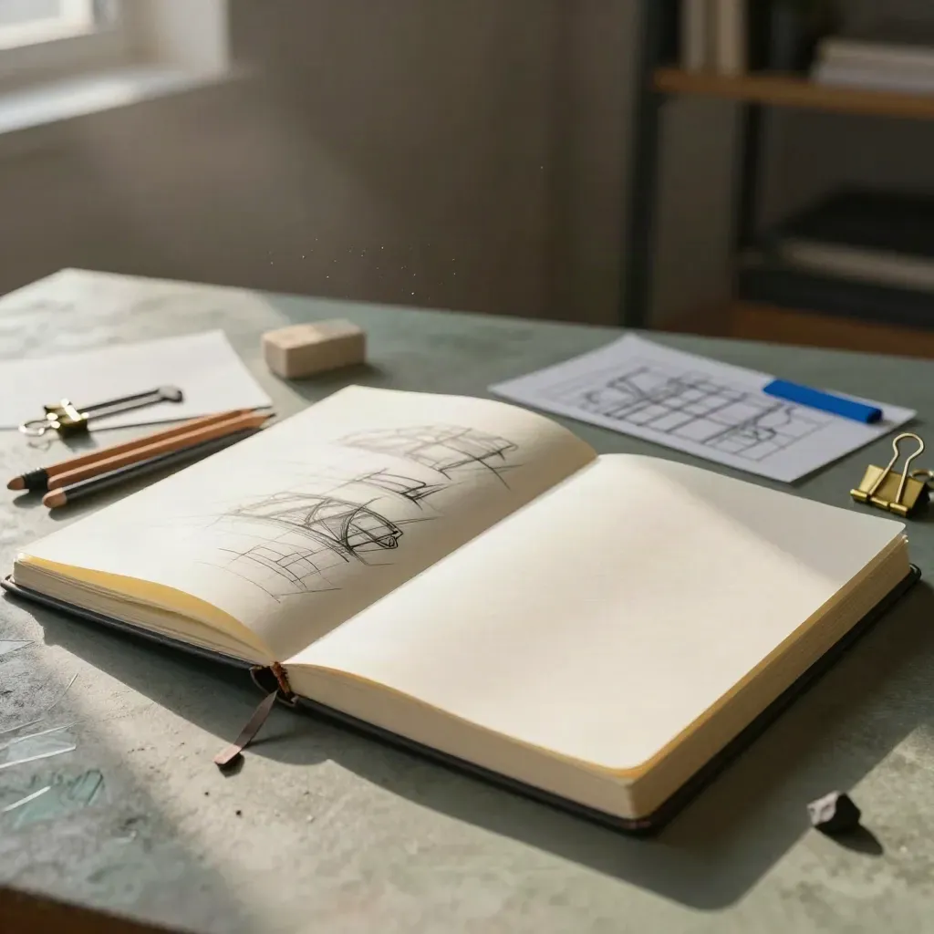 Open sketchbook with charcoal studies, pencils, tracing sheets and brass clips on a sage surface.