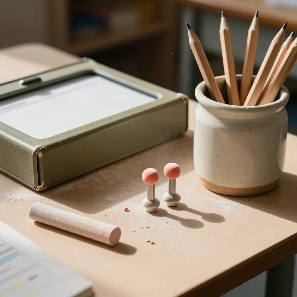Chalk sticks, a flashcard box, map pins and a ceramic pencil cup on a dusty classroom workbench.