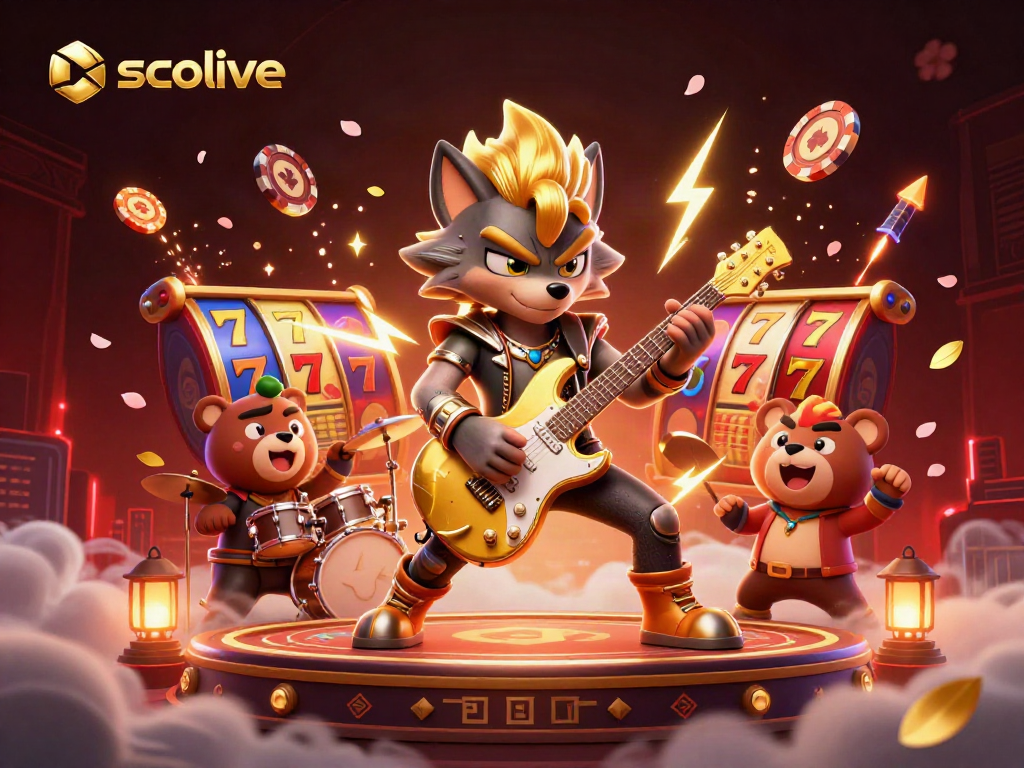 Socolive promotes thrilling casino action with a vibrant 3D scene of a rock star wolf and a bear drummer amidst slot reels.