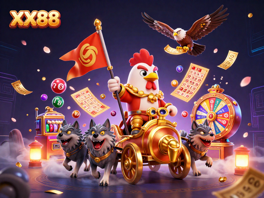 Experience the excitement of XX88 with a vibrant 3D illustration of a rooster warlord and dynamic gambling elements.