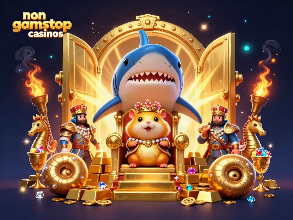 Experience non gamstop casinos in a fantasy scene with a hamster king and treasure details.