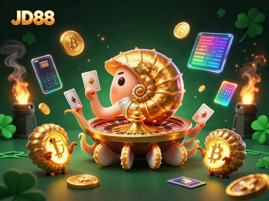 Experience thrilling gameplay at JD88 with a vibrant classic casino illustration featuring a giant nautilus roulette wheel and glowing coins.