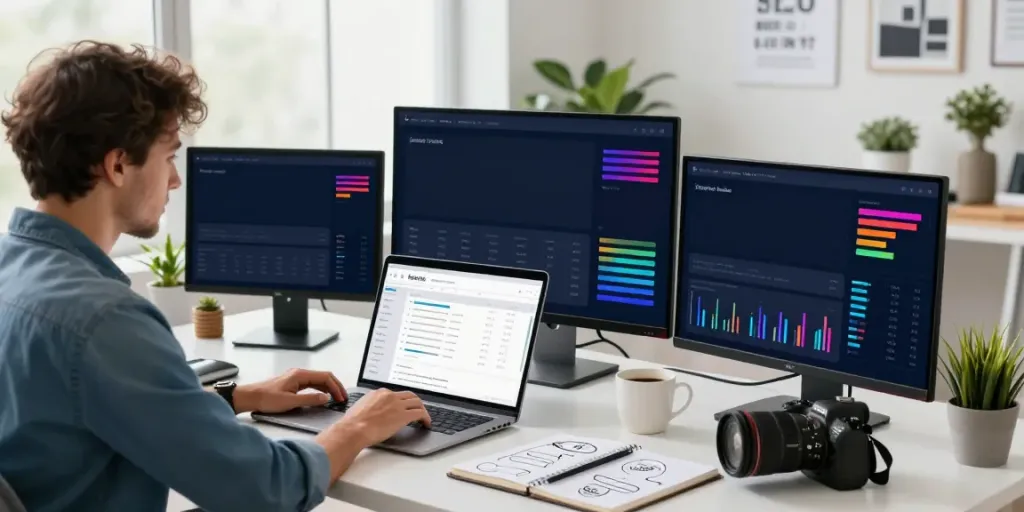 SEO expert analyzing instant indexing metrics in a vibrant workspace
