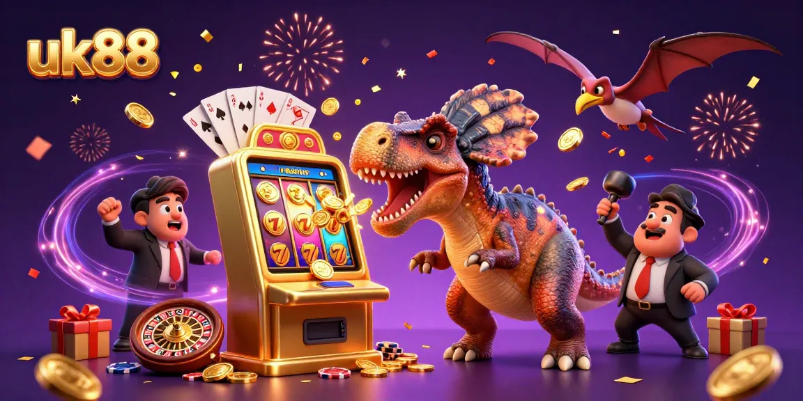 uk88 players enjoy a jackpot experience as a pachycephalosaurus interacts with a golden slot machine