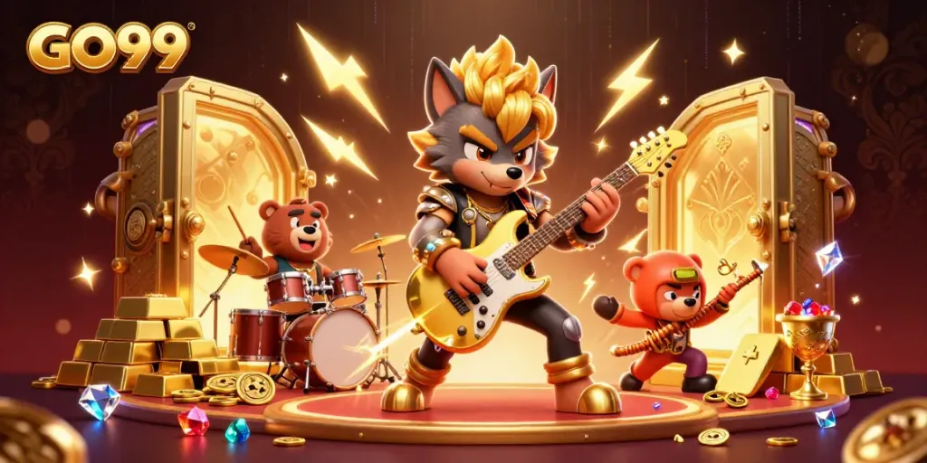 Experience the excitement of GO99 with a dazzling casino stage featuring energetic characters and treasures.