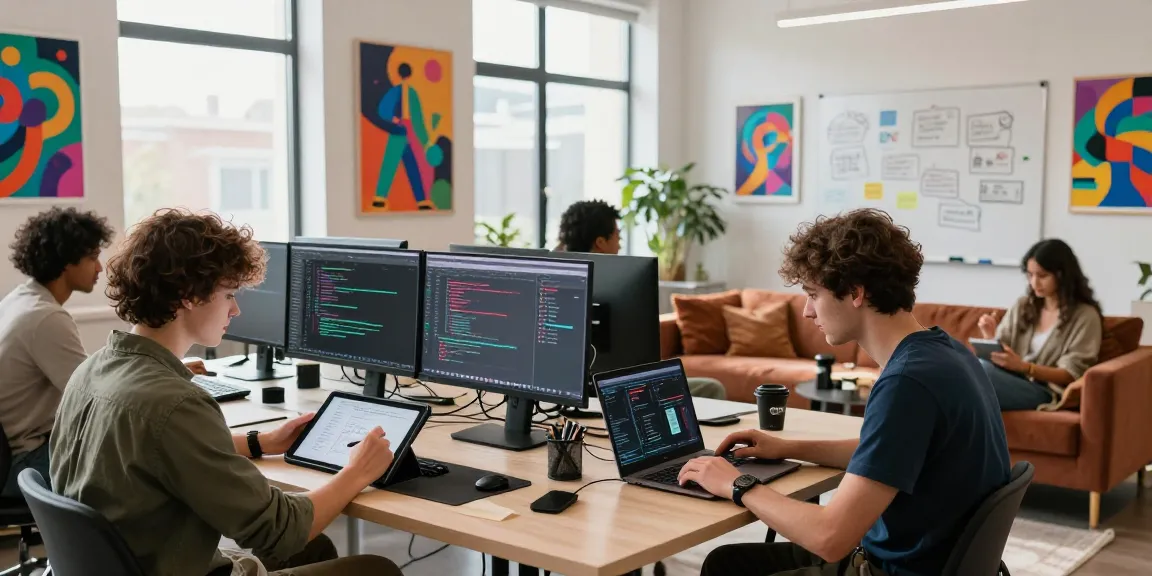 Creative team collaborating on NSFW AI projects in a vibrant digital art studio.