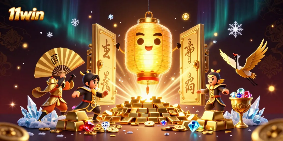 Experience thrilling gaming with 11win in this vibrant 3D casino art featuring gold treasures and lucky symbols.