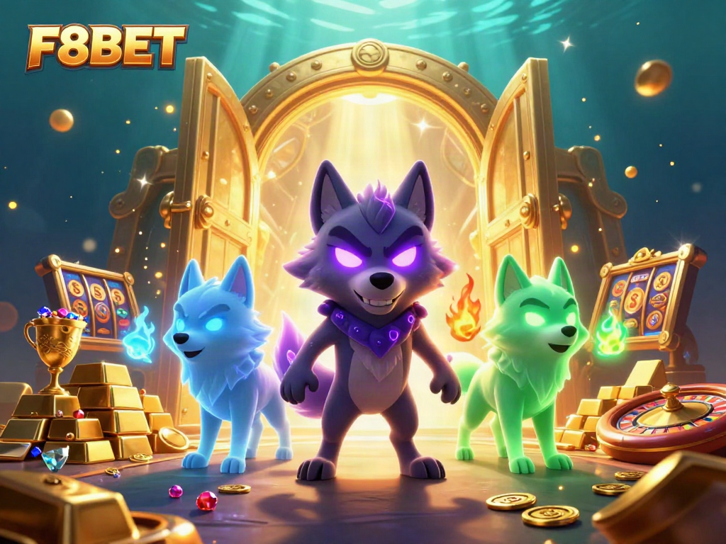 Experience the thrill of F8BET with casino excitement and mystical wolf characters in a vibrant digital scene.
