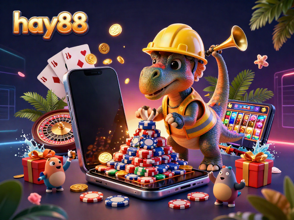Experience the excitement of hay88 with a vibrant 3D casino scene featuring a triceratops and colorful gaming elements.