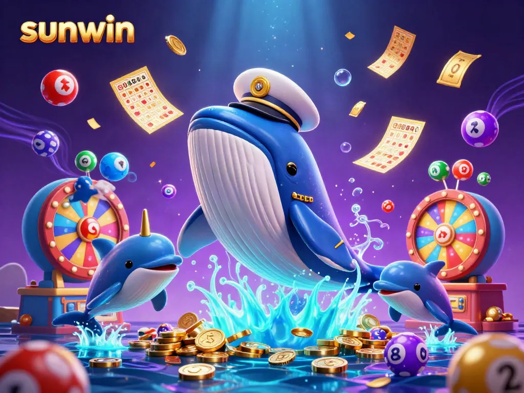 Win spectacular prizes at sunwin with vibrant casino elements and playful characters celebrating in an underwater world.