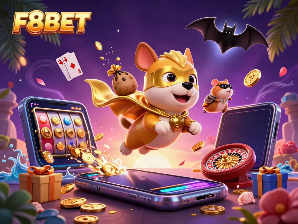 Engage with F8BET gaming opportunities through fun cartoon-themed illustration showcasing slots, coins, and action!