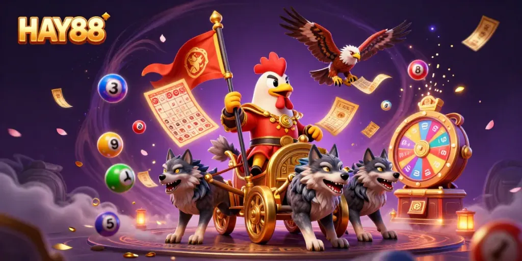 Engage with thrilling HAY88 gaming excitement, featuring a dynamic scene of a rooster warlord and lottery elements.